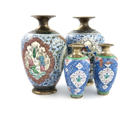 Two pairs of Persian metalware and enamel vases, baluster form, the larger pair with figures within foliate decoration, on a 