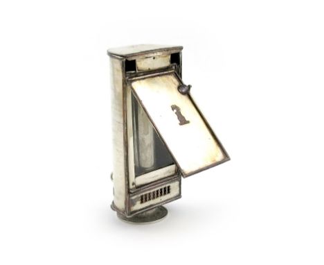 A 19th century old Sheffield plated carriage lamp, unmarked, rectangular form, the hinged front with a crest, wire-work handl