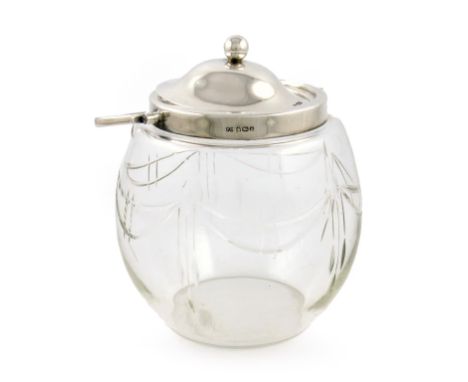 A silver-mounted glass biscuit jar, by Frank Cobb & Co Ltd, Sheffield 1910, circular bellied form, cut decoration, the plain 