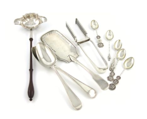 A mixed lot of silver flatware, various dates and makers, comprising: a George III punch ladle, London 1765, a pair of tables