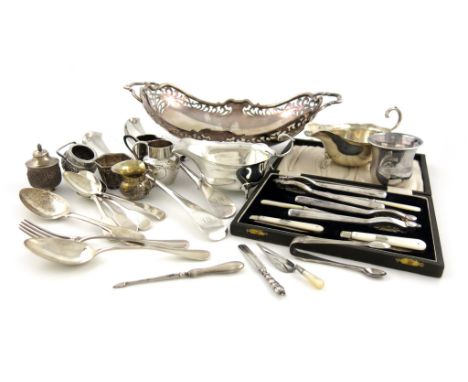 A mixed lot of silver items, various dates and makers, comprising: two sauce boats, a French beaker, a miniature cream jug, a