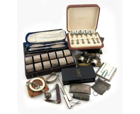 A mixed lot, comprising silver items: an Art Deco silver and enamel cigarette case, Birmingham 1936, also with Irish import m