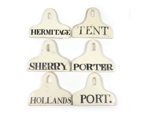 A collection of six early  19th century ceramic bin labels, arched rounded rectangular form,  titled in black  'TENT', 'PORTE
