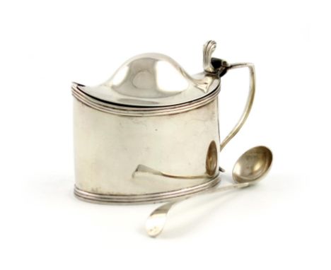 A George III silver mustard pot, by Peter, Ann and William Bateman, London 1804, oval form, scroll handle, domed hinged cover