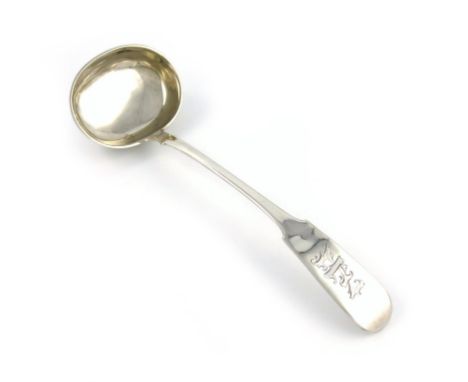 A 19th century Russian silver Fiddle pattern soup ladle, assay master D. Tverskoy, St. Petersburg 1845, the terminal with ini