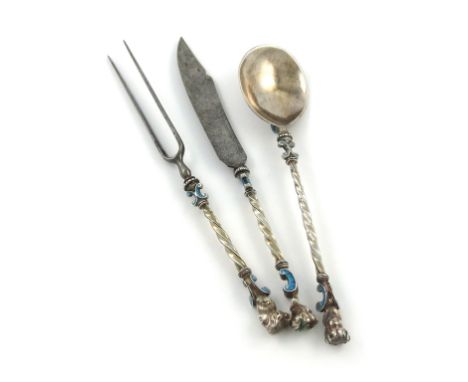 A 19th century continental silver and enamel knife, fork and spoon, unmarked, in the 17th century manner, twisted stems, with