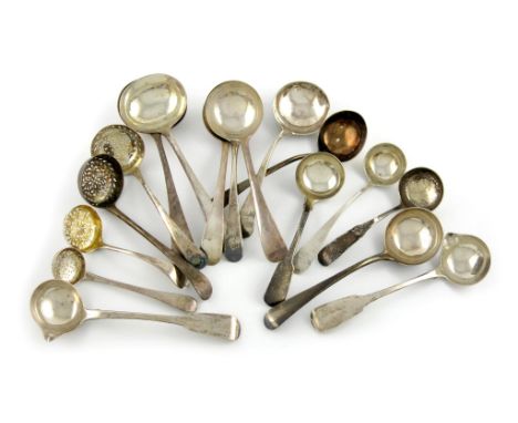 A collection of silver sifting spoons and ladles, comprising: a pair of provincial sauce ladles, by Richard Richardson, Chest