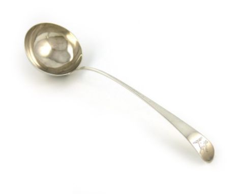 A George III silver Old English pattern soup ladle, by Samuel Godbehere and Edward Wigan, London 1791, circular bowl, the ter