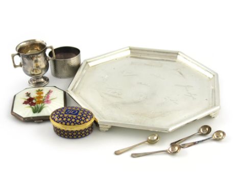 A mixed lot, comprising silver items: a presentation waiter of octagonal form, inscribed, Birmingham 1939, plus a silver and 