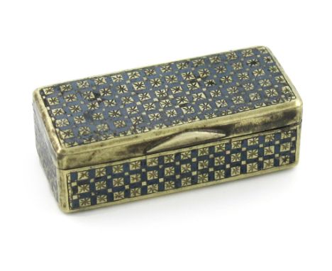 A late 19th century electroplated and niello work snuff box, maker's mark of H and C, rectangular form, with star and chequer