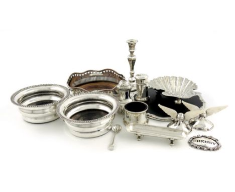 A mixed lot, comprising silver items: a Victorian taper stick, by the Barnards, London 1844, on a hexagonal base, engraved de