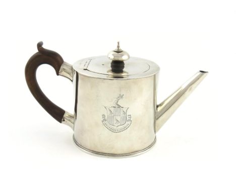 A George III silver tea pot, by John Scofield, London 1778, plain drum form, scroll handle, later finial, tapering spout, eng