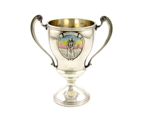 A two-handled silver and enamel cup, by Kirwan & Co Ltd, Birmingham 1938, tapering circular form, scroll handles, the front a