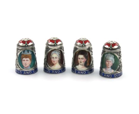 by Peter Swingler, four silver and enamel commemorative Queens thimbles, Birmingham 1984/85 and 1997, with the portraits of Q