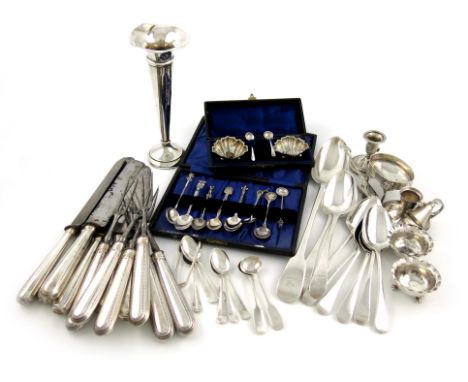 A mixed lot of silver items, comprising: a set of six silver meat forks, beaded silver handles, steel prongs, by Carrington a