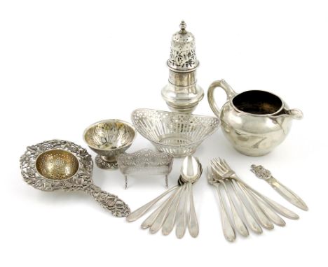 A mixed lot of Dutch silver items, comprising:  a sugar caster, a cream jug, a pierced basket, a tea strainer, a salt cellar,