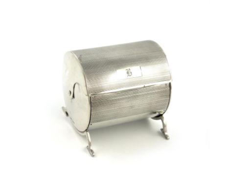 A silver cigarette box, by S. Mordan and Co, London 1927, cylindrical form, engine-turned decoration, hinged cover, initialle