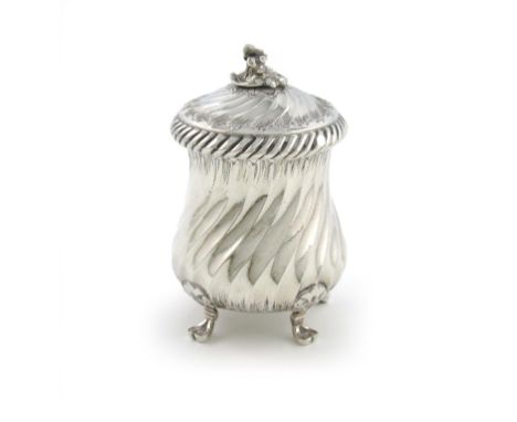 A French silver pepper grinder, maker's mark of GB in a lozenge, fluted baluster form, rope-work border, on four scroll feet,