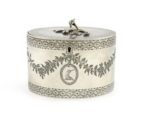 A George III silver tea caddy, by John Carter, London 1776, oval form, engraved with a foliate garland and bright-cut borders