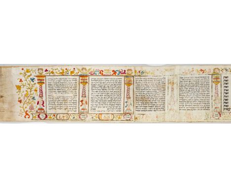 [JUDAICA]. MEGILLAH ESTHER. Illuminated scroll of Esther, written in black ink on 6 membranes in 25 columns of 18 lines, divi