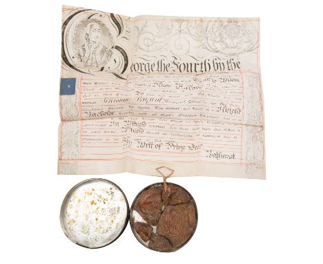[EAST INDIA COMPANY] George IV (reigned 1820-1830), grant of Knight Bachelor to Lt. Col. Jeremiah Bryant of the East India Co
