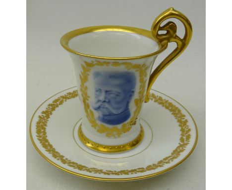 Rosenthal porcelain Military commemorative cup & saucer, relief moulded with a portrait of Kaiser Wilhelm ll, saucer decorate