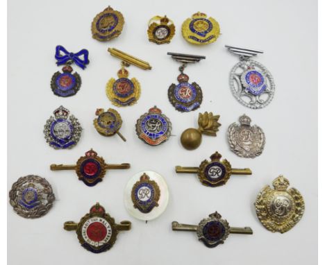 Collection of Royal Engineers sweetheart brooches etc including; hallmarked silver example, mother of pearl, enamelled, one m