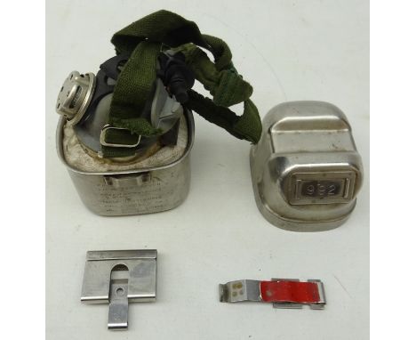 Vintage Self  Rescuer, metal two piece case with sprung top, stamped MSA C0-FSR 230, engraved E8326 917.5 11.67, H13cm  Condi