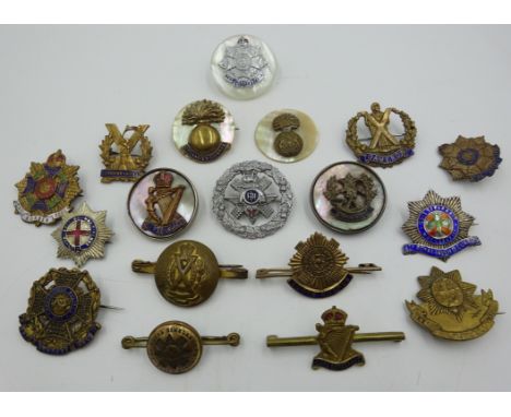 Collection of Regimental sweetheart brooches etc including; Border Regiment, Black Watch, Coldstream Guards, Royal Irish Guar