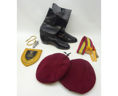 British Beret Basque 1961 size 71/8 Red Beret,another by Herbert Johnson, pair of Artillery black half boots, 4th Regiment Ro