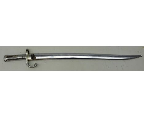 French Sword/Bayonet, 57cm recurved blade engraved on spine with date 1874, shaped part polished grip, in polished steel scab