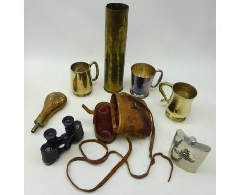 Pair of Martini Paris Omega 8x26 binoculars in leather case stamped with arrow, pewter 8oz hip flask with applied Royal Artil