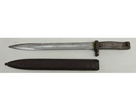 Late 20th century bayonet, 31cm part fullered single edge blade, metal grip with spring button and open muzzle ring, in metal