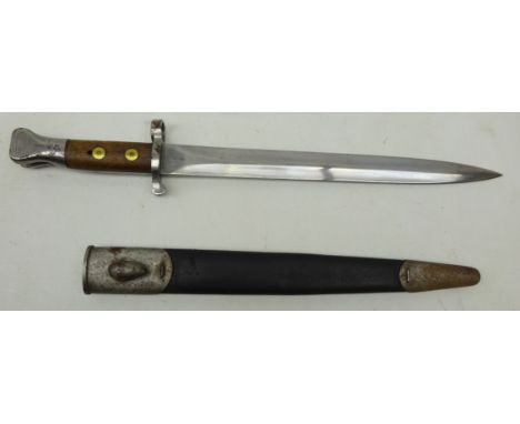 Victorian Bayonet 30cm twin edge steel blade stamped Crown over VR 12 96, Arrow over WD, Crown over 58E X, part wood grip wit