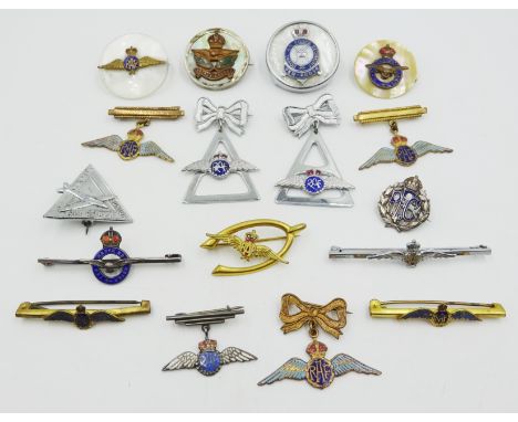 Collection of RAF sweetheart brooches including; one RFC brooch, mother of pearl, enameled etc, provenance - a Private Yorksh