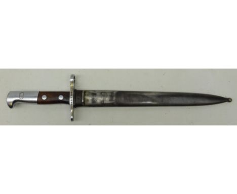 German Bayonet, twin edge fullered blade marked Waffenfabrik Neuhausen, crosspiece stamped 879300, part wooden grip, in steel