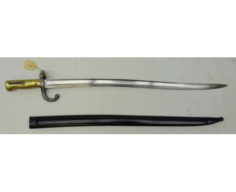 French Sword/Bayonet, 57cm recurved part fullered single edge blade engraved on spine with date 1879, quillion stamped AB 582