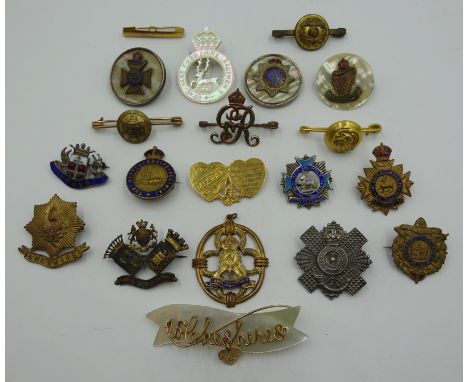 Collection of Cheshire, City of London, London Irish Rifles, Hertfordshire sweetheart brooches etc including; carved mother o