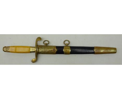 20th century Russian Military ceremonial dagger, 21cm blade engraved MO2151, 3N57 with tapering faux agate grip, leather scab