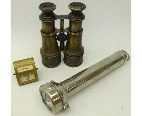 Oldham & Son Type TD1 Military Torch, chrome body stamped 5A/2011 over arrow, L28cm, a pair of Lennie of Edinburgh brass case