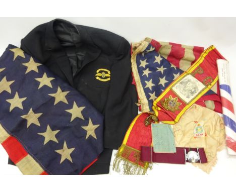 Parachute Regiment Stable Belt with Victor chrome buckle, Fleet Air Arm blazer REME embroidered mat, Odd Fellows PG sash, two