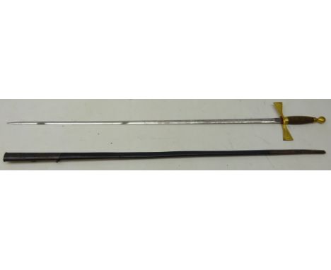 Masonic Ceremonial Sword, by Kenning, 74cm blade etched with square & compass, gilt wire bound grip in leather scabbard, L93c