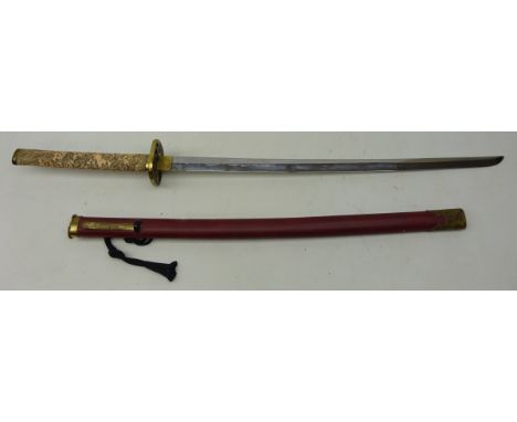 Replica Japanese Katana, 71cm curved blade with etched decoration, Tsuba cast with prunus, handle moulded with Samuri, in red