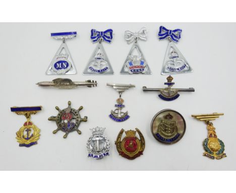 Collection of Naval sweetheart brooches including; H.M.S. Vaguard, Royal Marines, mother of pearl, enamelled etc, provenance 