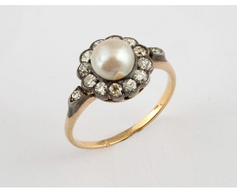 A pearl and diamond ring, ring size N3g all in, diamonds white and bright, some staining to the pearl, various natural faults