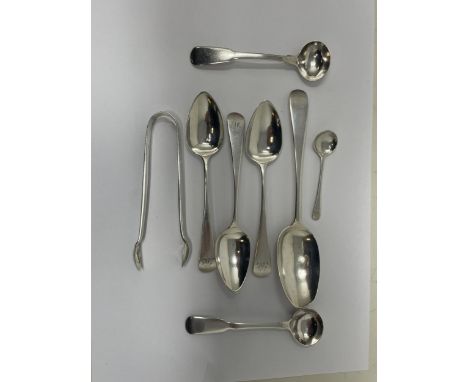 A pair of silver sugar tongs and assorted spoons, various dates and marks, 3.2 ozt