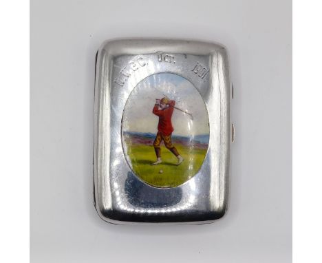 A George V silver and enamel cigarette case, the top inset with oval panel decorated a golfer, Birmingham 1918, 107 g (all in