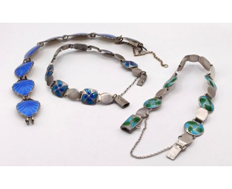 A Danish silver coloured metal and blue enamel bracelet, and two others similar (3)