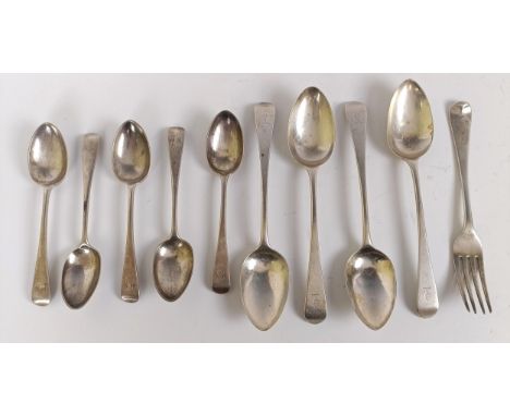 A set of four Victorian silver Old English pattern dessertspoons, five teaspoons and a dessert fork, various dates and marks,