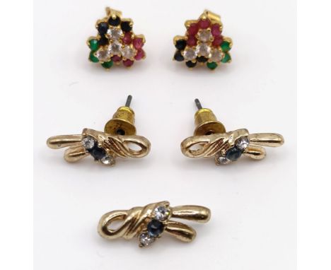 A pair of multi-coloured stone stud earrings, and a pair of yellow coloured metal, blue and white stone stud earrings, and a 